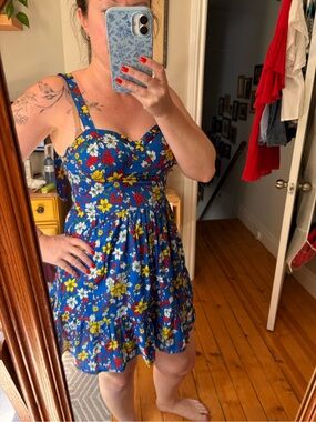 Blue Floral Sundress with Yellow & Red Blooms